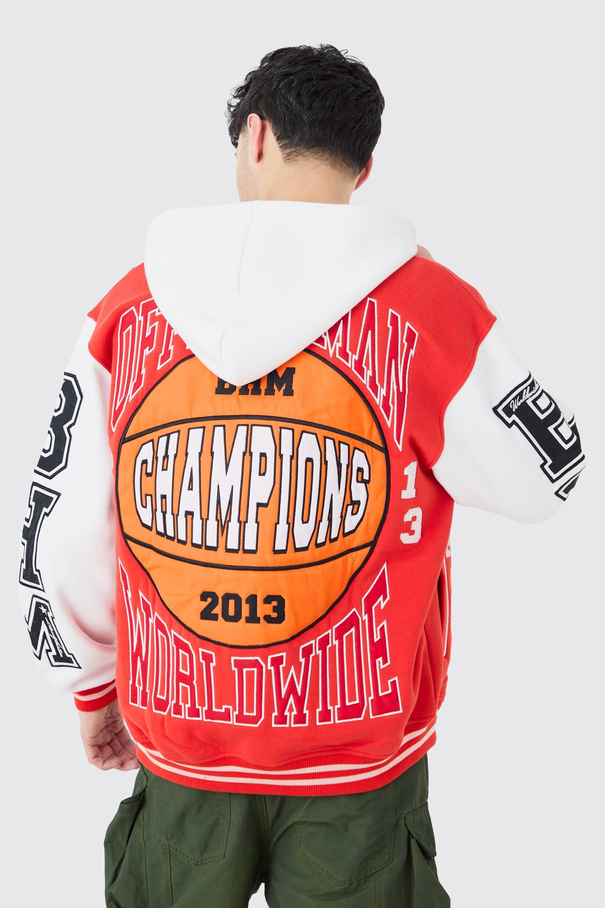 Oversized Applique Basketball Jersey Varsity Jacket | boohooMAN USA Product Image