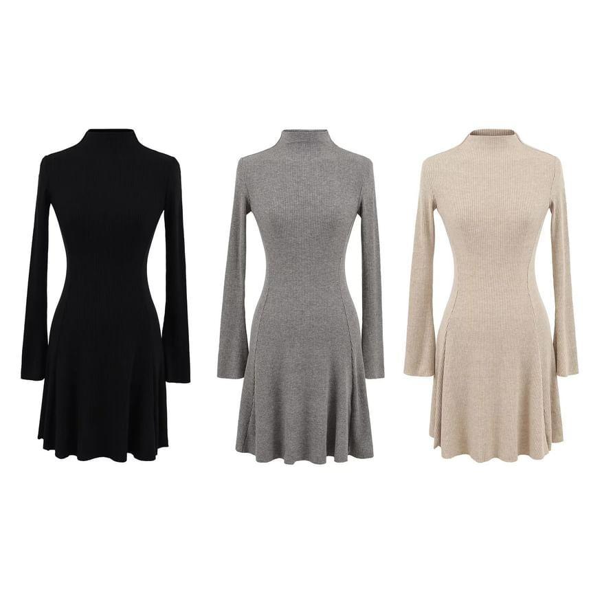 Long-Sleeve High Neck Plain Midi Knit Dress (Various Designs) Product Image