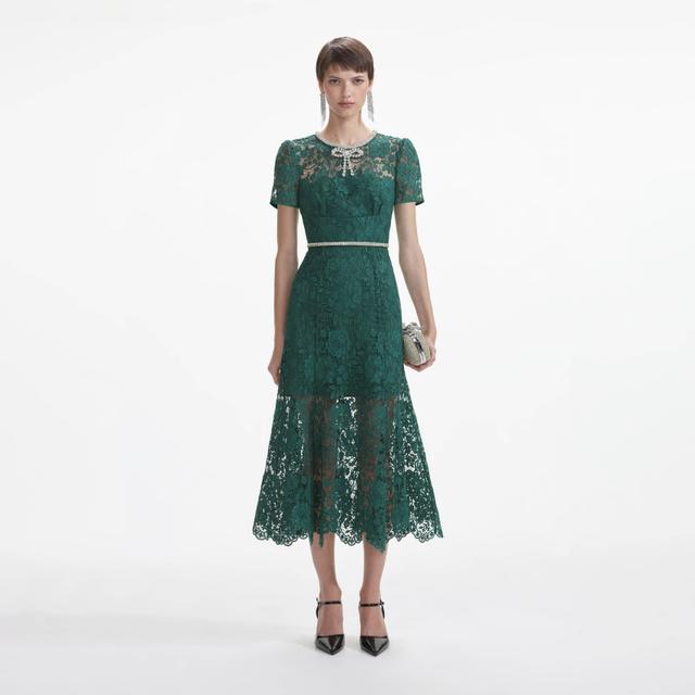 Green Lace Diamante Bow Midi Dress Product Image