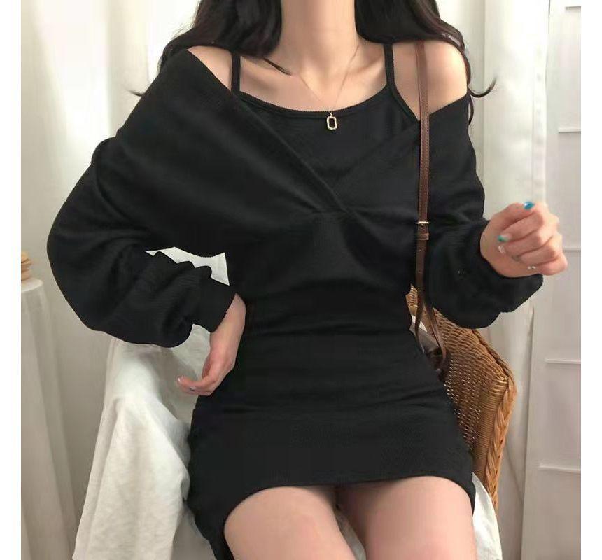 Set: Spaghetti Strap Mini Dress + Long-Sleeve V-Neck Cropped Top Product Image