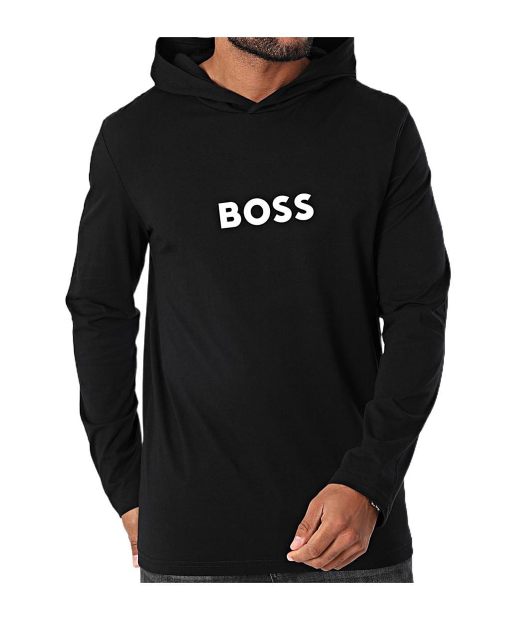 HUGO BOSS Hooded Long-sleeved T-shirt In Black Product Image