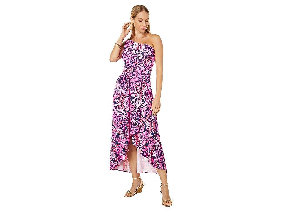 Lilly Pulitzer Monico One Shoulder Midi Dress (Low Tide Navy Flirty Fins and Feathers) Women's Clothing Product Image