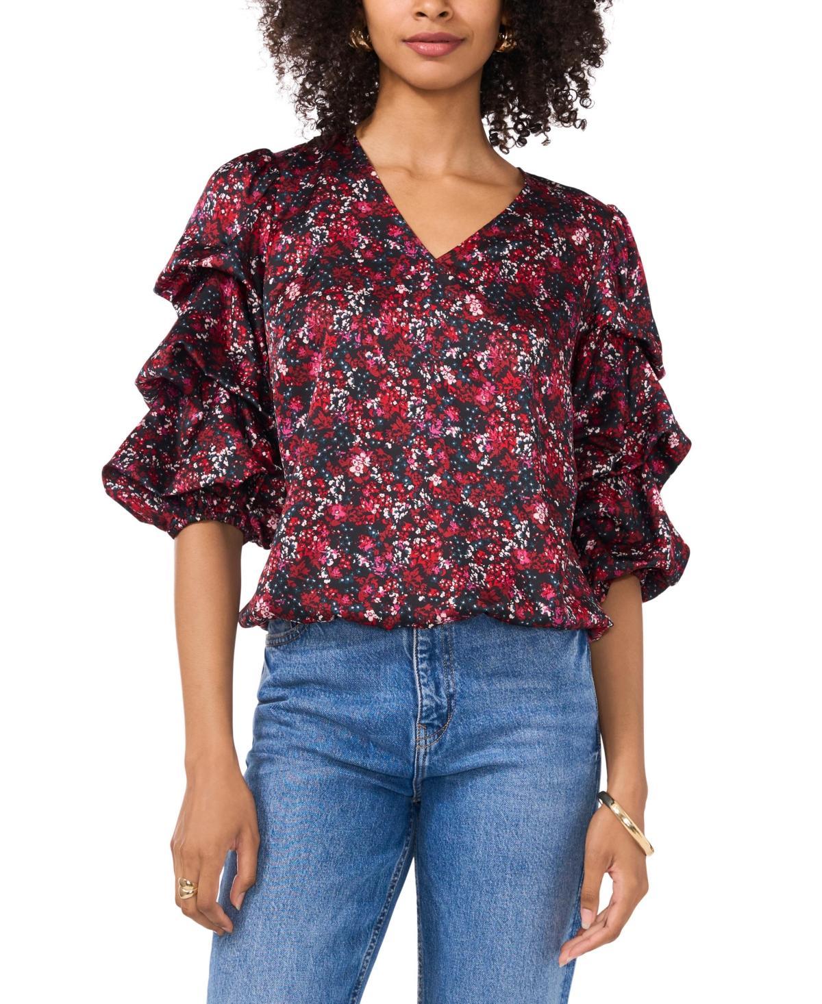 Vince Camuto Womens Printed V-Neck Bubble Sleeve Top Product Image