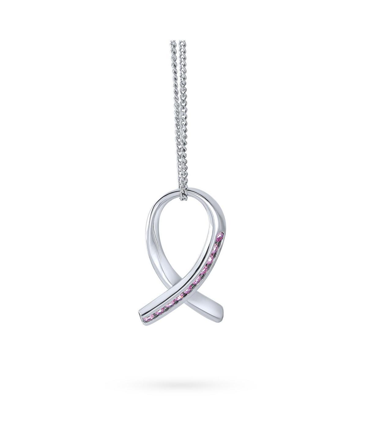 Strength and Hope Elegant Fine Pave Cubic Zirconia Cz Pink Ribbon Breast Cancer Survivor Pendant Necklace For Women .925 Sterling Silver Product Image