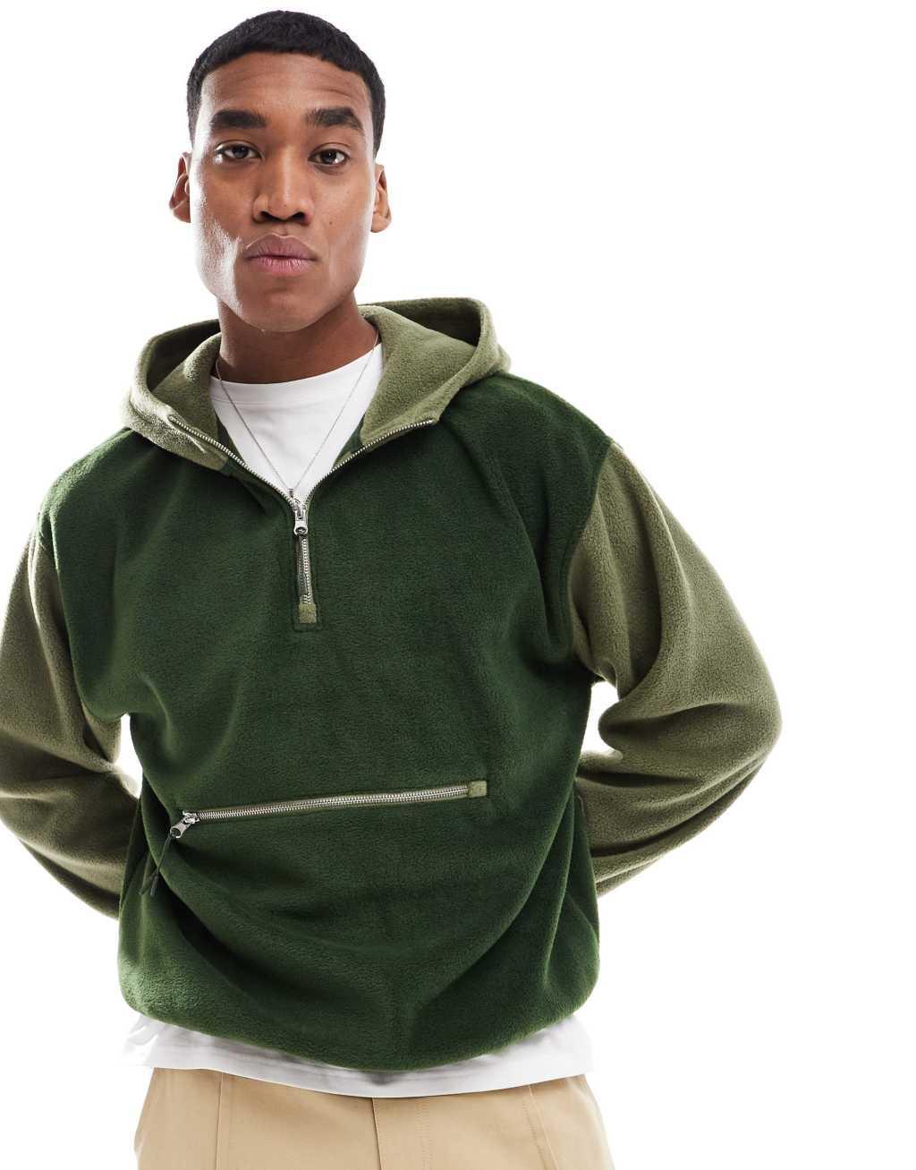 ASOS DESIGN oversized polar fleece hoodie with color block in dark green Product Image