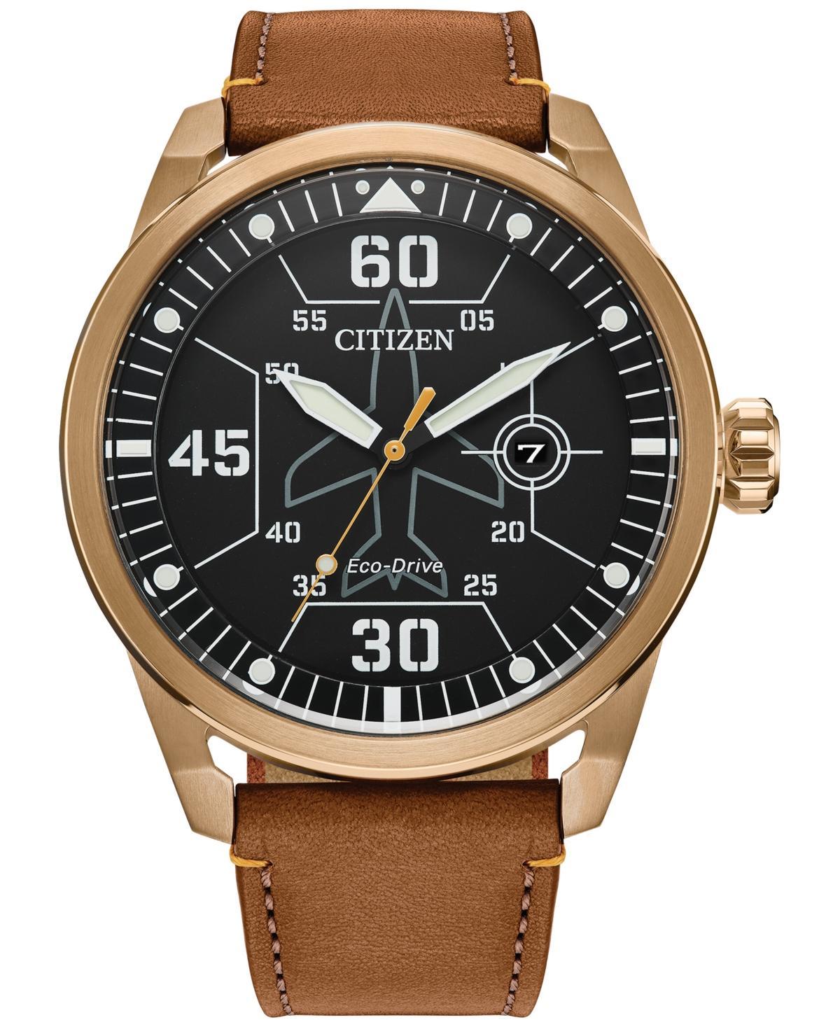 Citizen Eco-Drive Mens Avion Weekender Brown Leather Strap Watch 45mm - Black Product Image