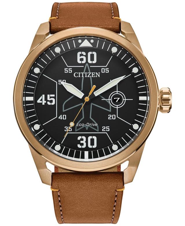 Citizen Eco-Drive Mens Avion Weekender Brown Leather Strap Watch 45mm - Black Product Image