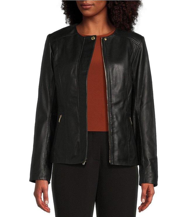 Cole Haan Collarless Full Zip Long Sleeve Leather Moto Jacket Product Image