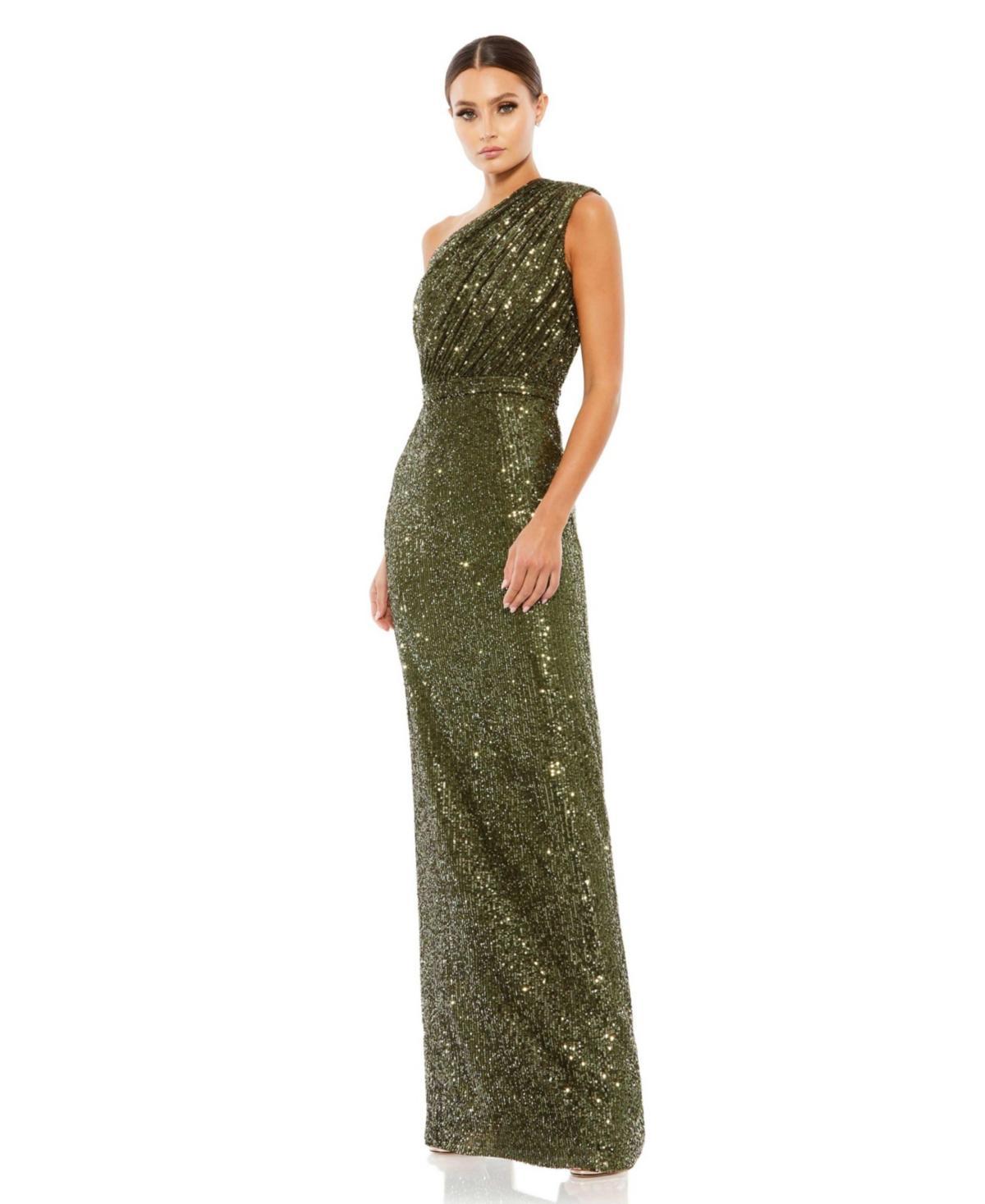 Womens Sequined Ruched One-Shoulder Gown Product Image