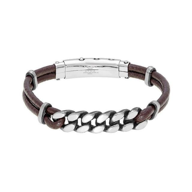 Mens LYNX Stainless Steel & Brown Leather Adjustable Bracelet Product Image