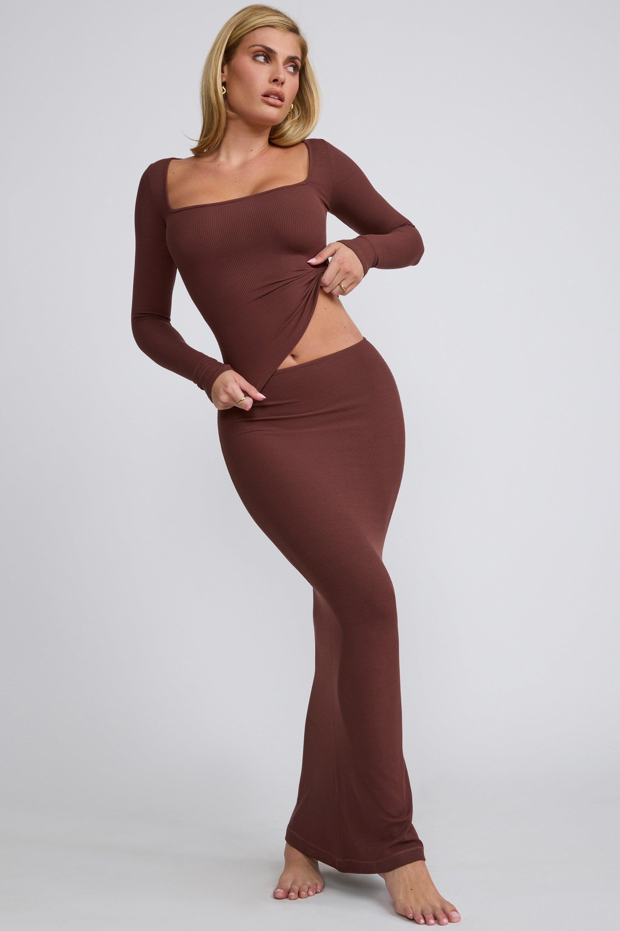 Ribbed Modal Mid Rise Maxi Skirt in Chocolate Product Image