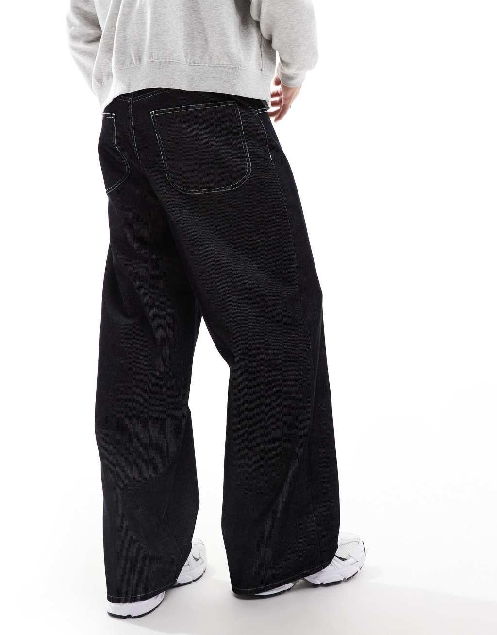 ASOS DESIGN super baggy cord pants in black with contrast stitch Product Image