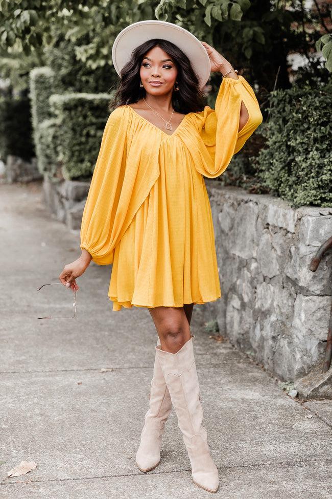 As Free As The Wind Yellow V Neck Bubble Sleeve Mini Dress FINAL SALE Product Image