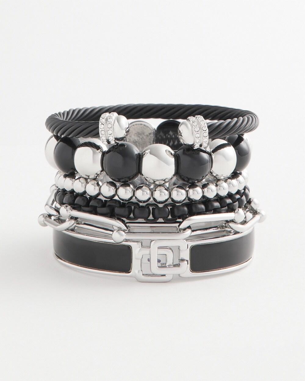 Silver Tone & Black Beaded Stretch Bracelet Product Image