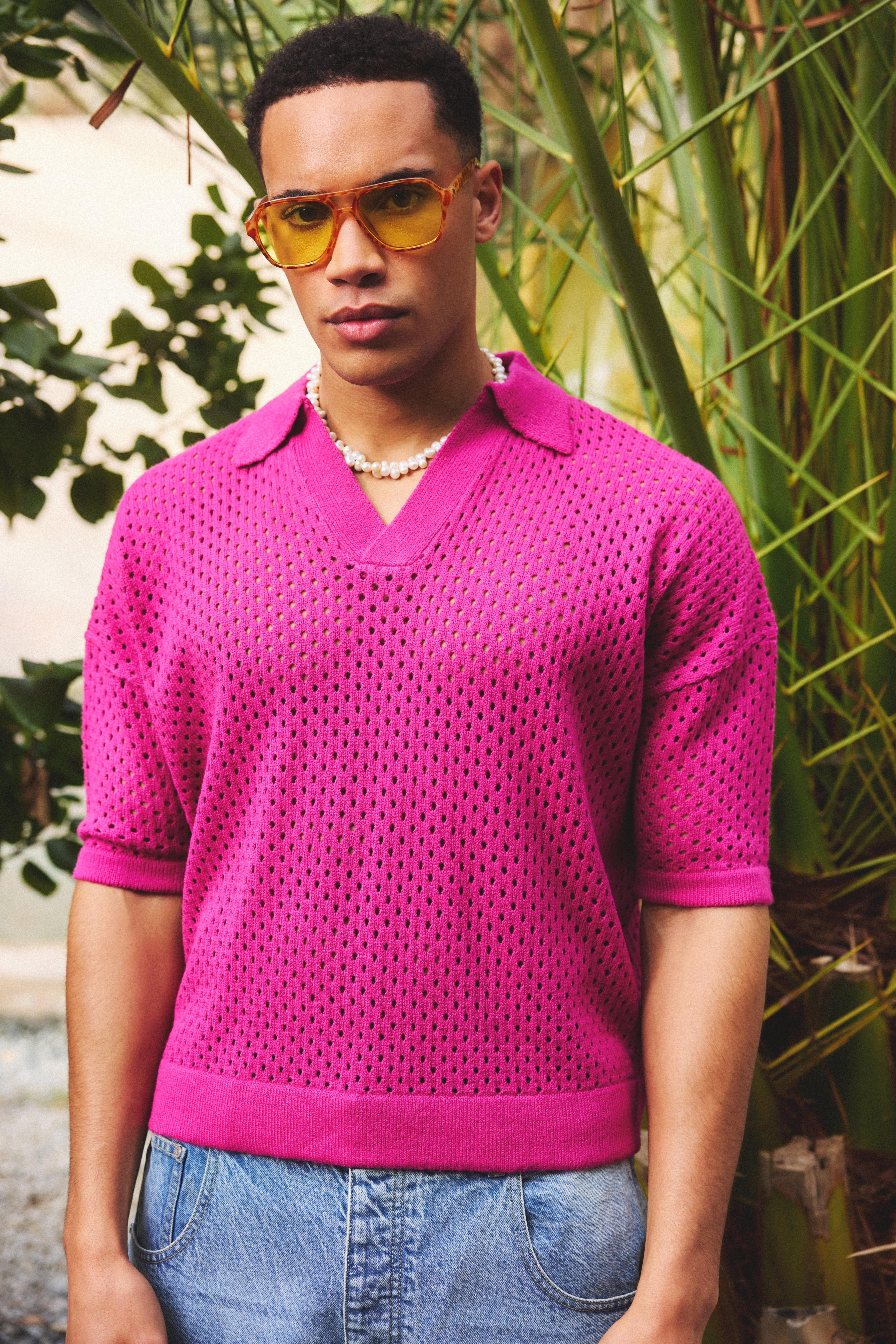 Short Sleeve Boxy Fit Revere Open Knit Polo In Pink | boohooMAN USA Product Image