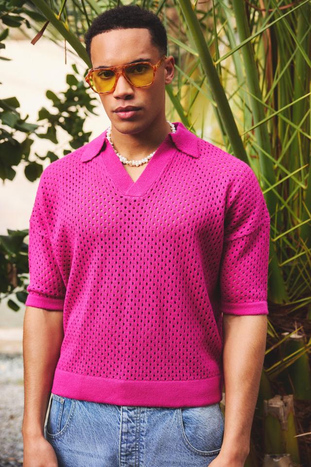 Short Sleeve Boxy Fit Revere Open Knit Polo In Pink | boohooMAN USA Product Image