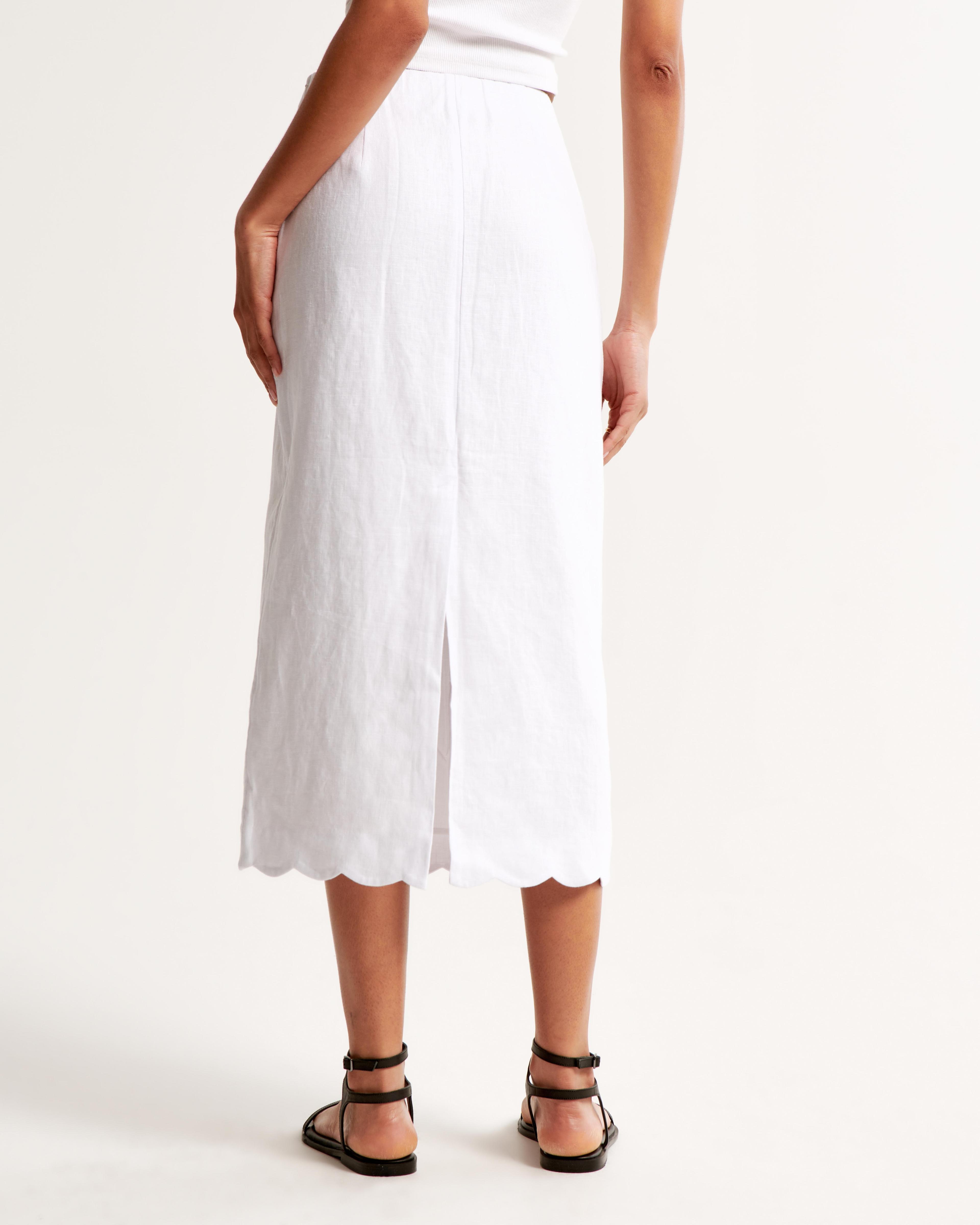 Premium Linen Scallop-Hem Midi Skirt Product Image