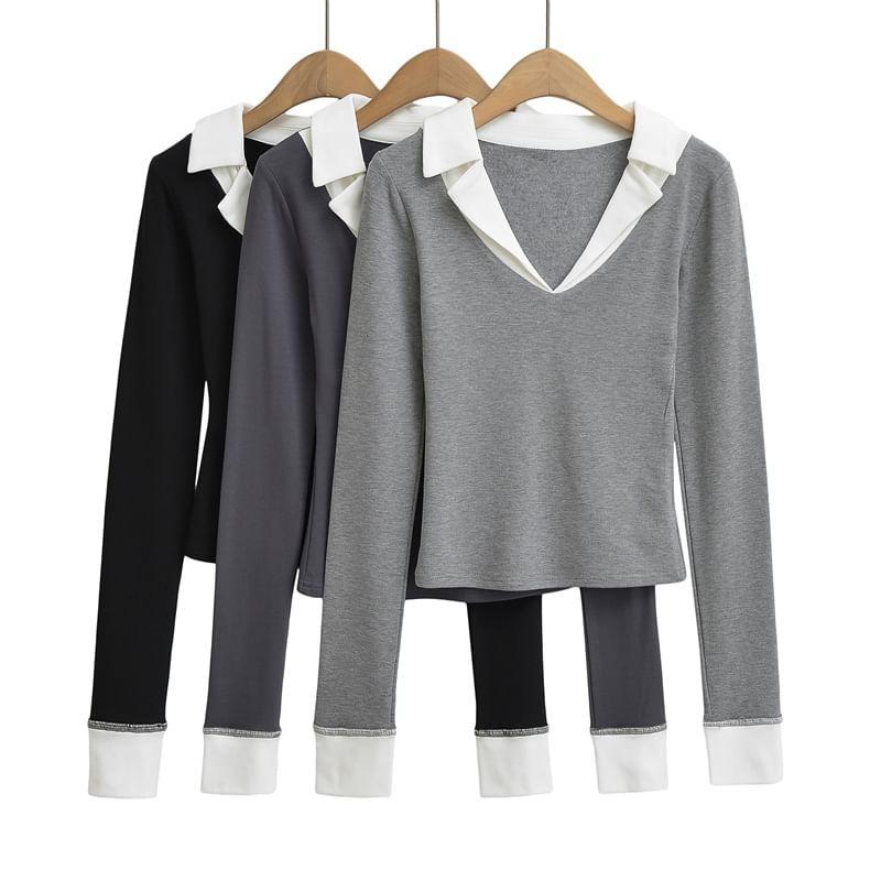 Long Sleeve V-Neck Contrast Trim Crop Polo Shirt Product Image