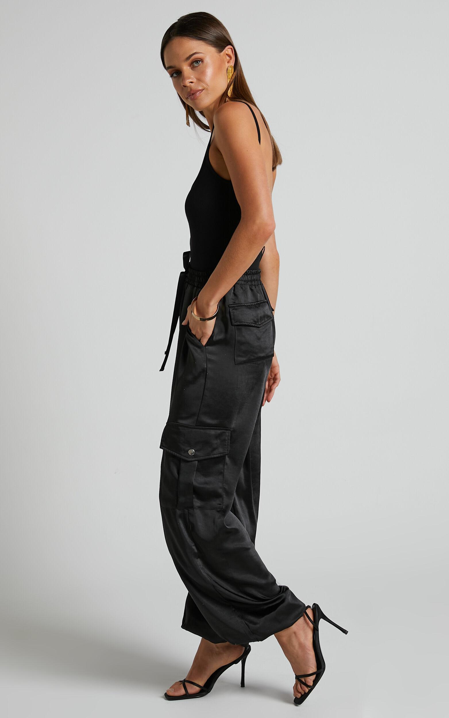 Jadeiah Pants - Mid Rise Cargo Pocket Satin Jogger Pant in Black Product Image