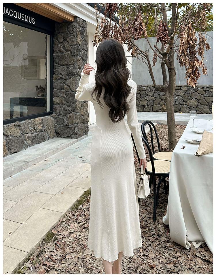 Long-Sleeve Mock Neck Plain Midi A-Line Knit Dress Product Image