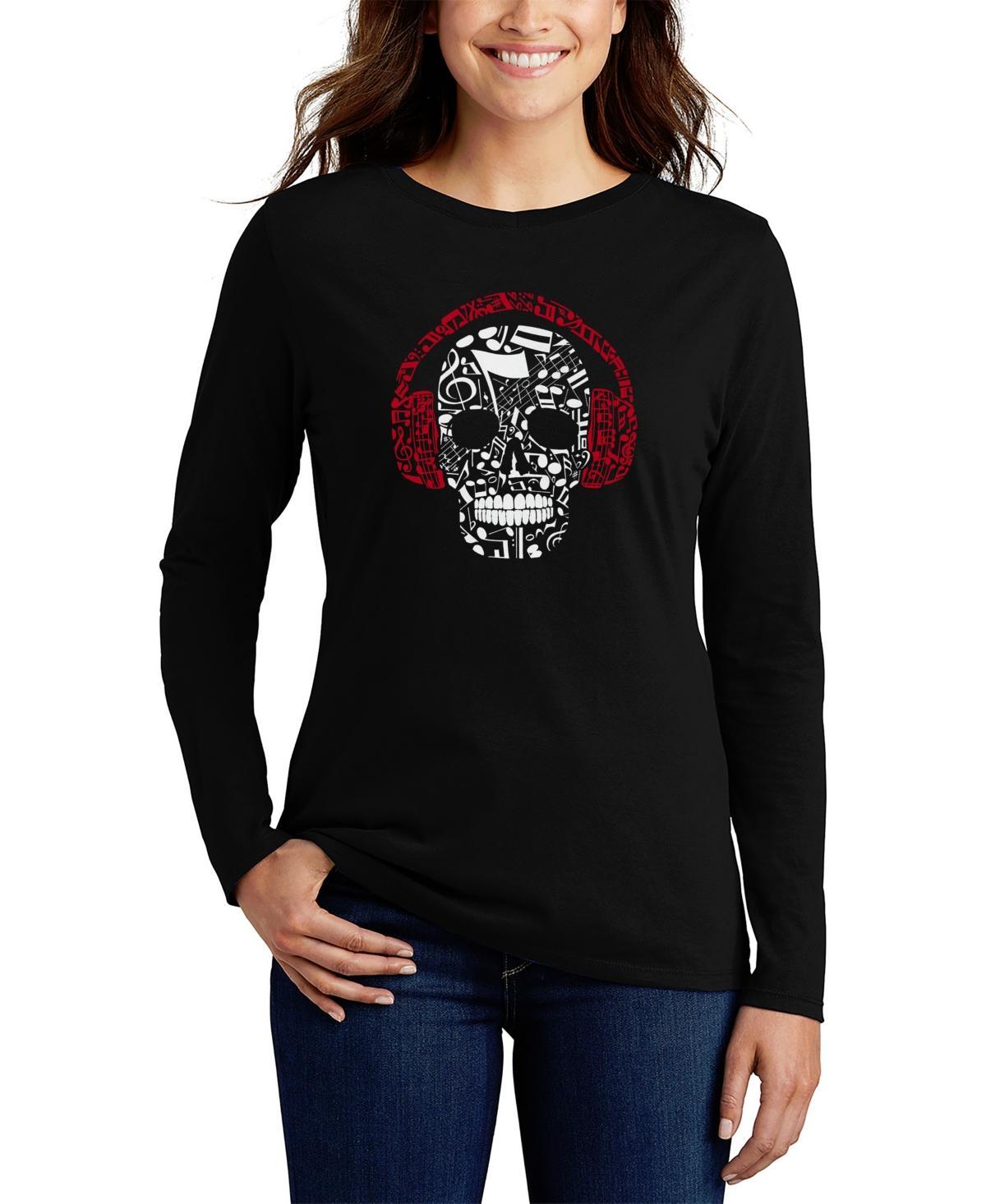 La Pop Art Womens Music Notes Skull Word Art Long Sleeve T-shirt Product Image