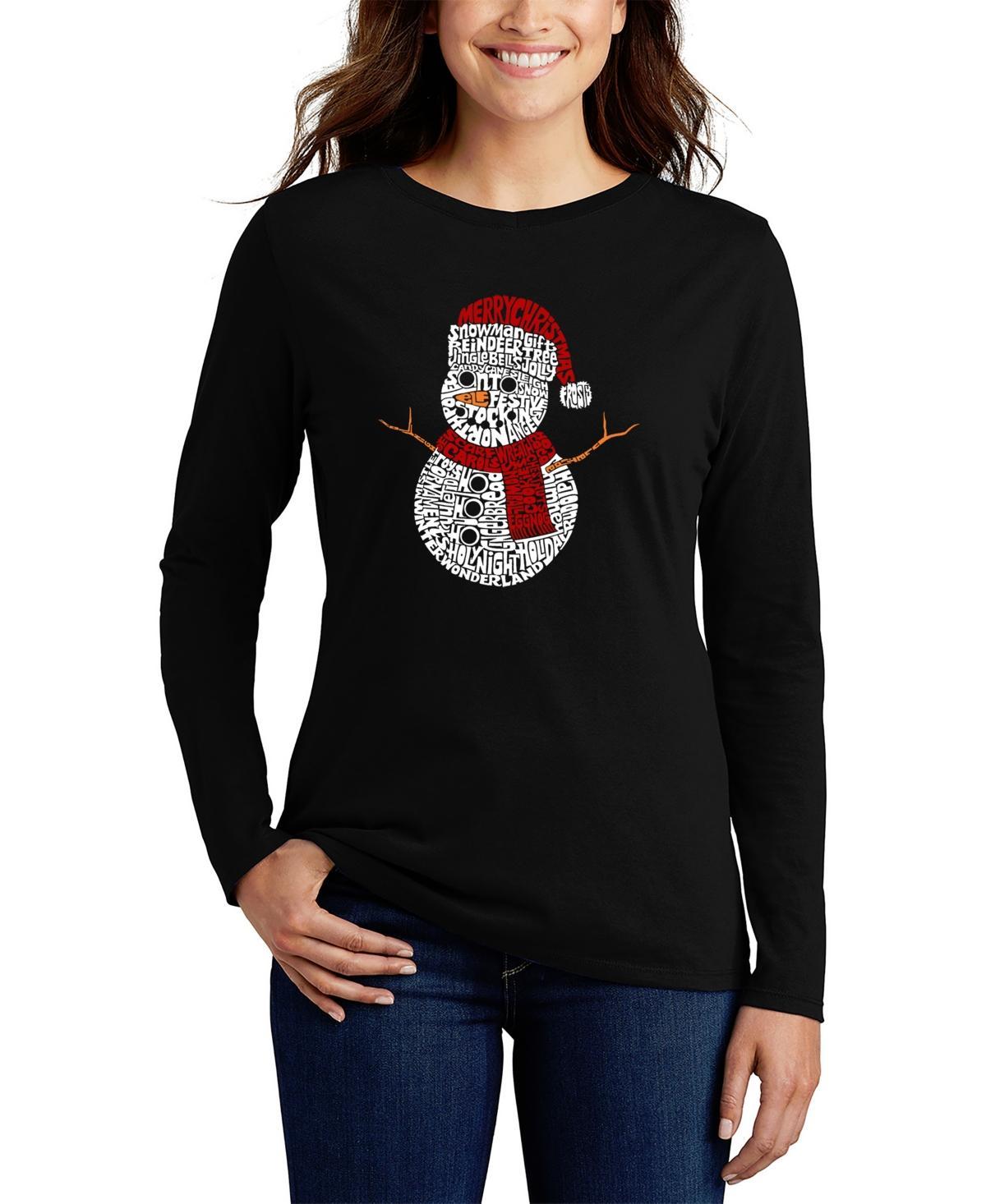 La Pop Art Womens Christmas Snowman Word Art Long Sleeve T-shirt Product Image