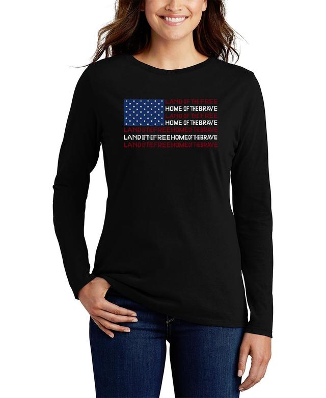 La Pop Art Womens Land of the Free American Flag Word Art Long Sleeve T-shirt Product Image