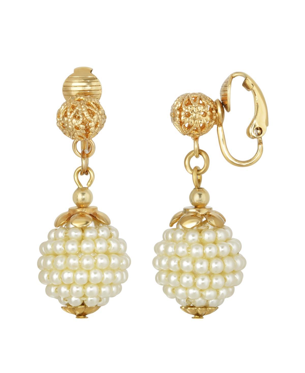 1928 Gold Tone Beaded Simulated Pearl Clip-On Drop Earrings, Womens, White Product Image