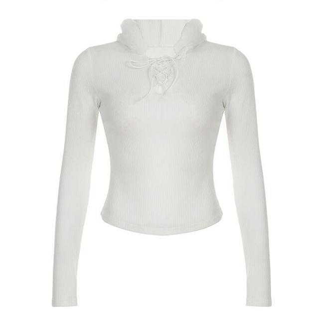 Long Sleeve V-Neck Lace-Up Plain Ribbed-Knit Furry-Trim Slim-Fit Hooded Top Product Image