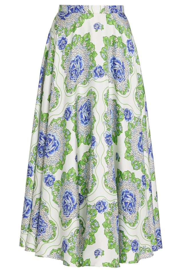 Blue and Green Floral Printed Silk Twill Skirt Product Image