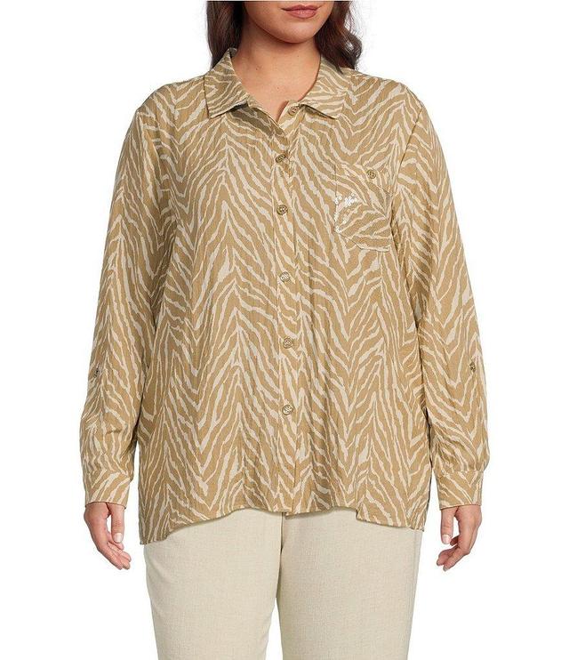 Multiples Plus Size Crinkle Point Collar Long Roll-Tab Sleeve Button-Front Shirt Product Image