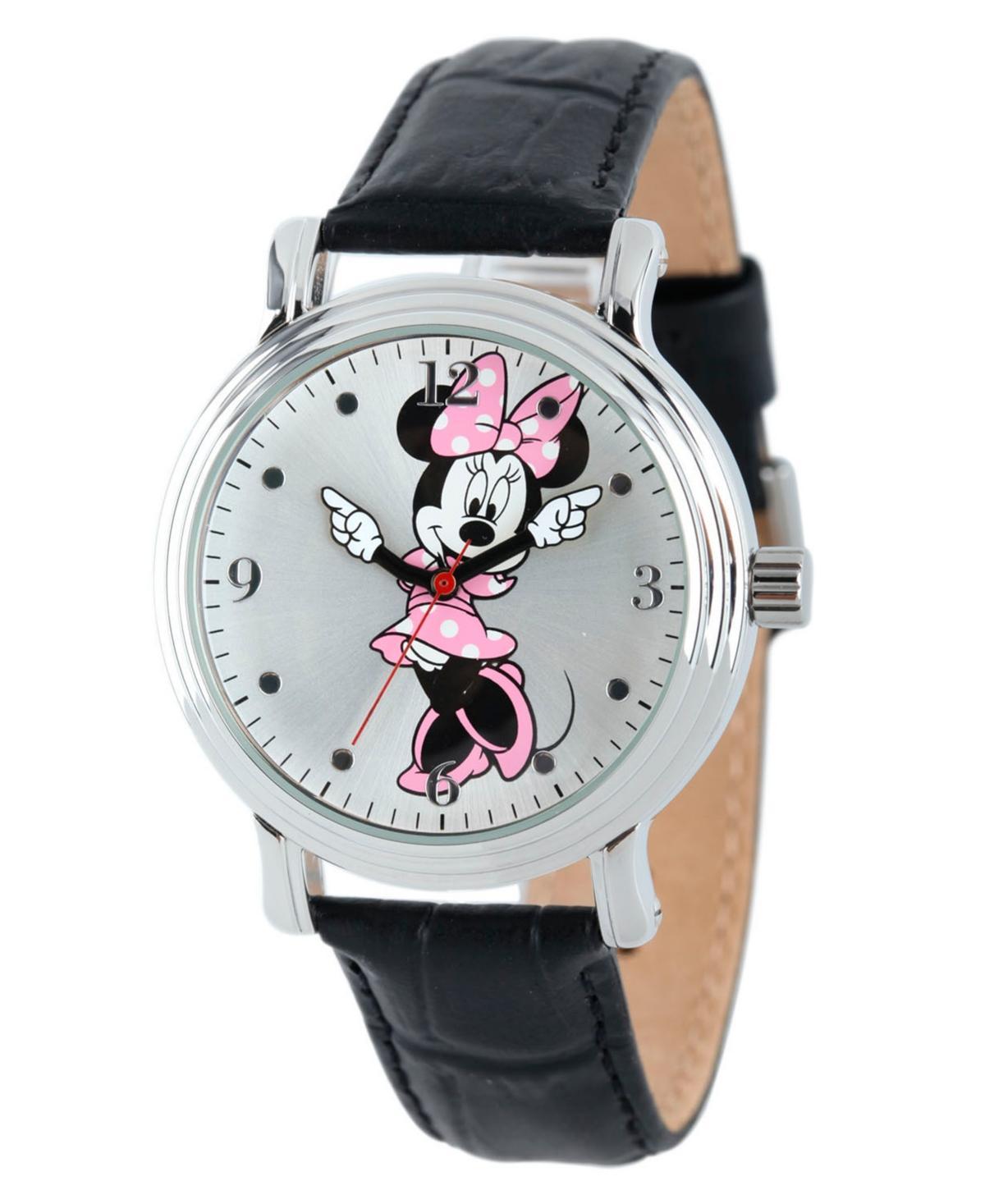 Disneys Minnie Mouse Womens Leather Watch, Black Product Image