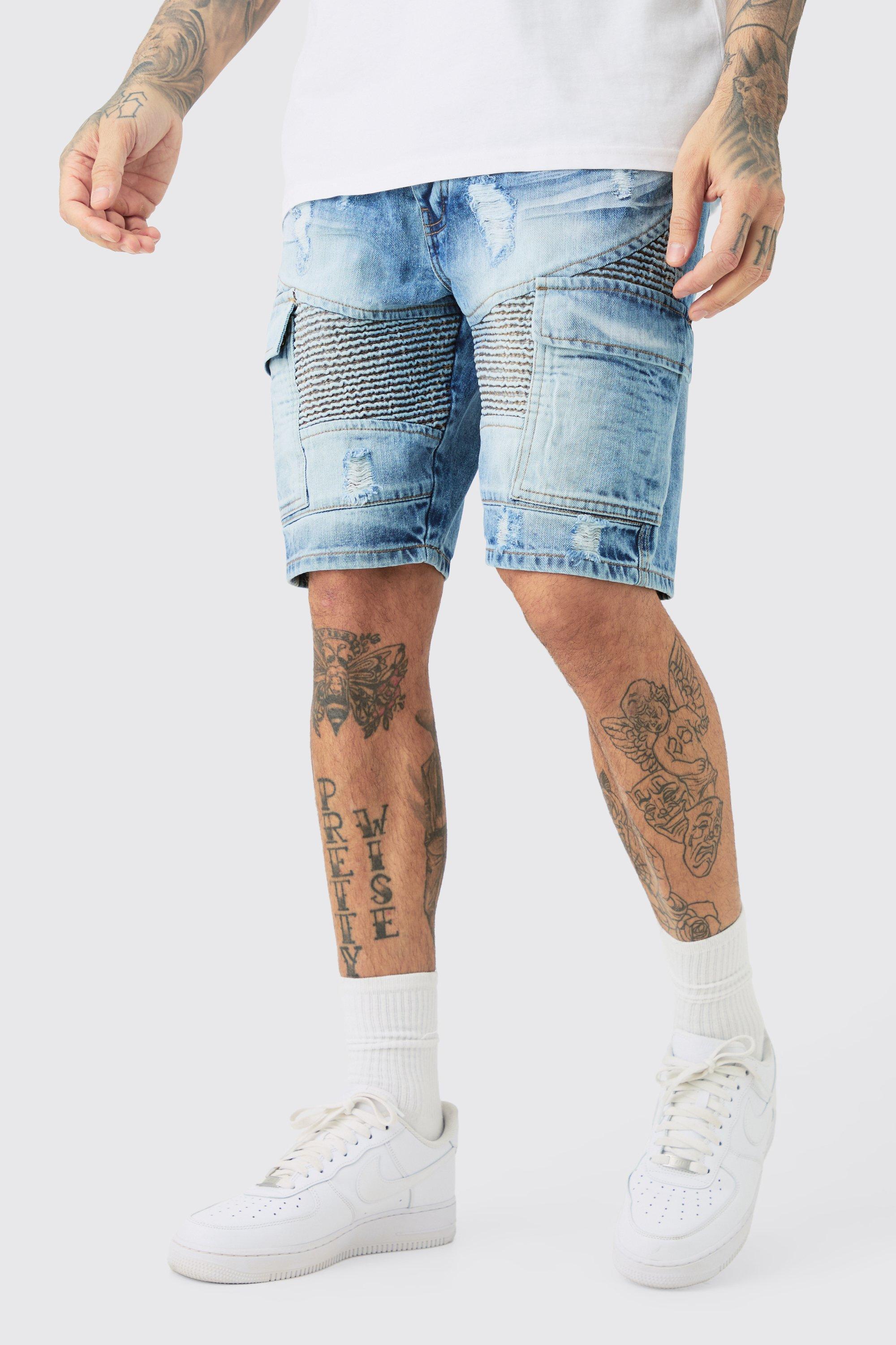 Mens Grey Tall Straight Fit Biker Denim Shorts, Grey Product Image