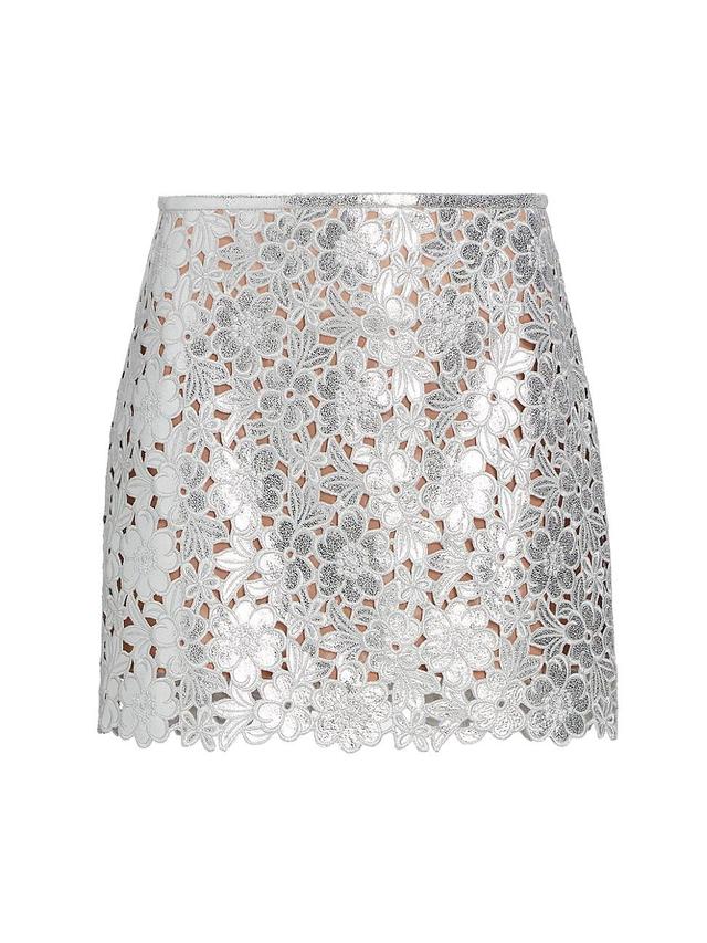 Womens Floral Cut-Out Metallic Leather Miniskirt Product Image