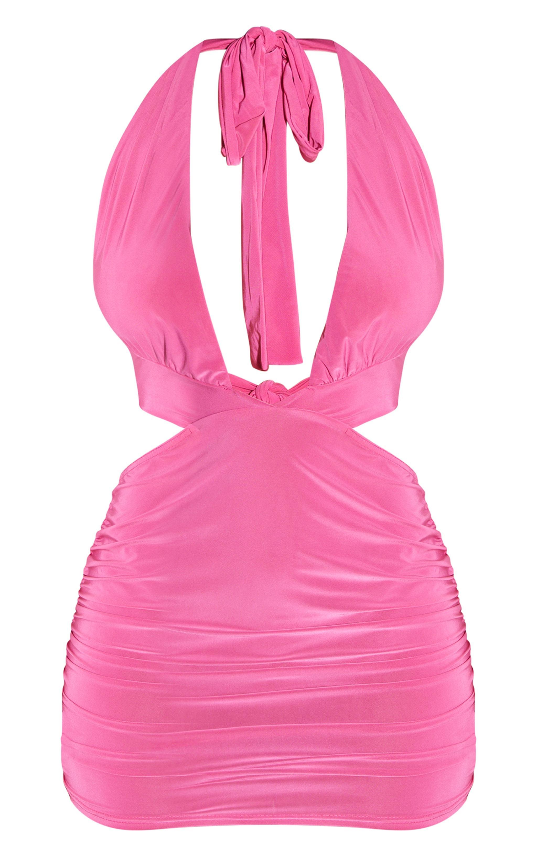 Shape Bright Pink Slinky Cut Out Halterneck Bodycon Dress Product Image