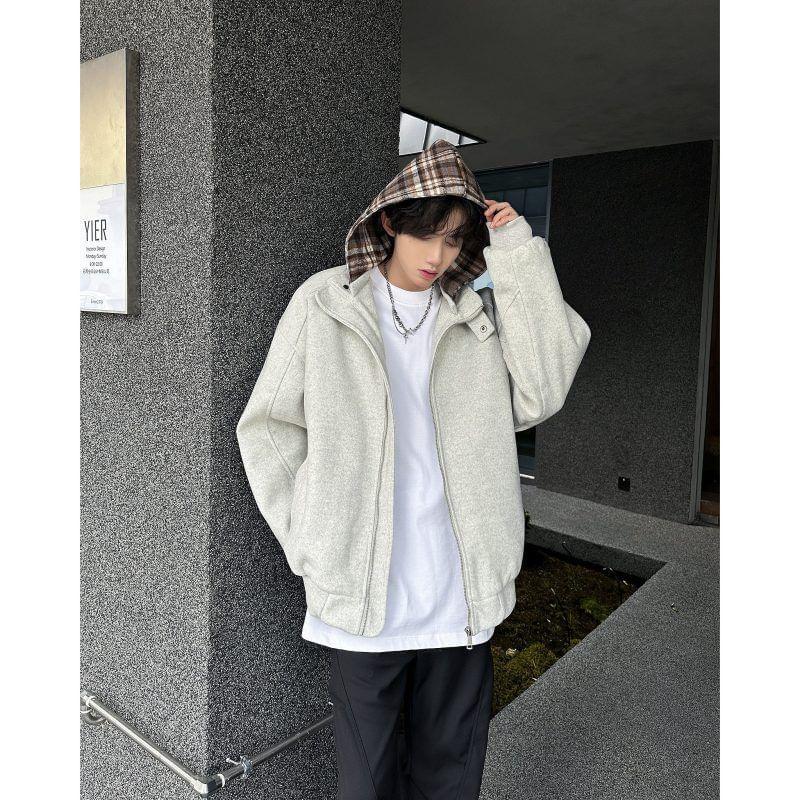 Hooded Plaid Panel Zip Up Jacket Product Image