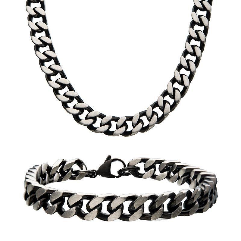 Mens Stainless Steel Curb Chain Necklace & Bracelet Set, Silver Product Image