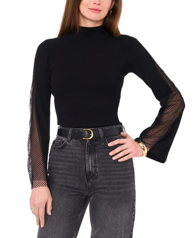 Vince Camuto Womens Mock-Neck Rhinestone Mesh Bell-Sleeve Blouse Product Image