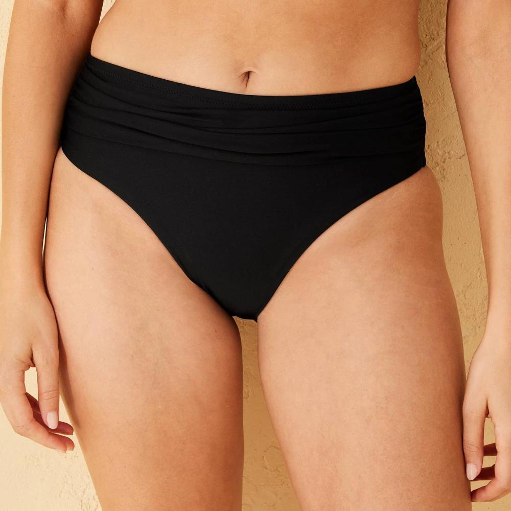 Womens Mid-Rise Shirred Waistband Bikini Bottom - Shade & Shore Black XS Product Image