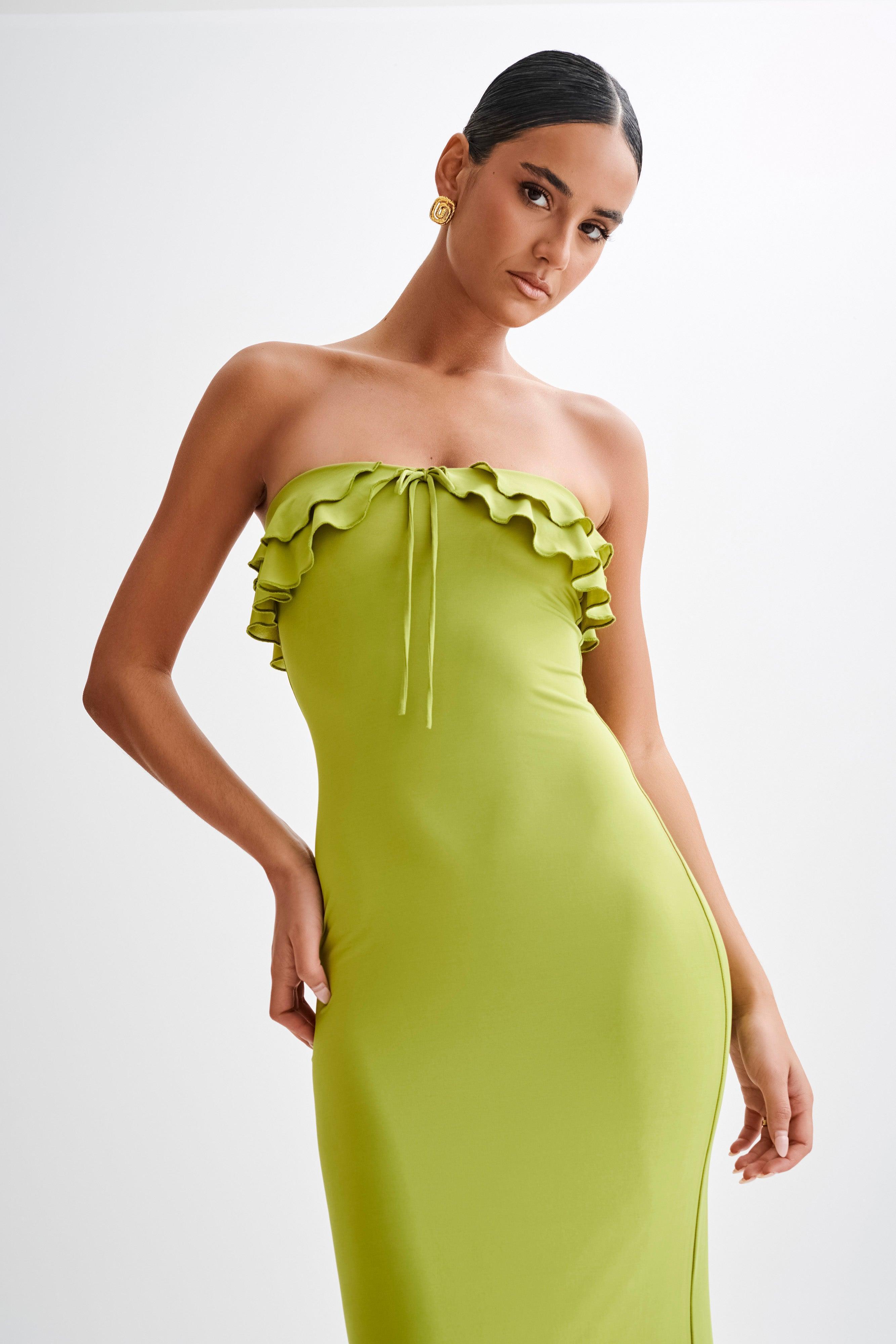 Bea Strapless Slinky Ruffle Midi Dress - Apple Product Image