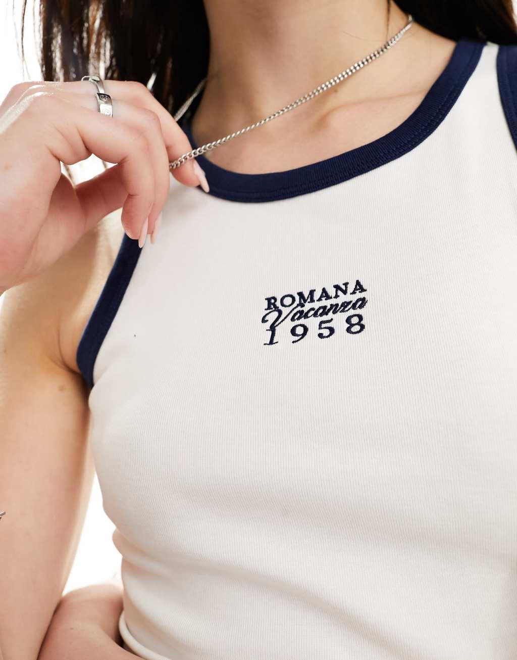 Urban Revivo contrast ringer racer back tank top with mini slogan in white and navy Product Image