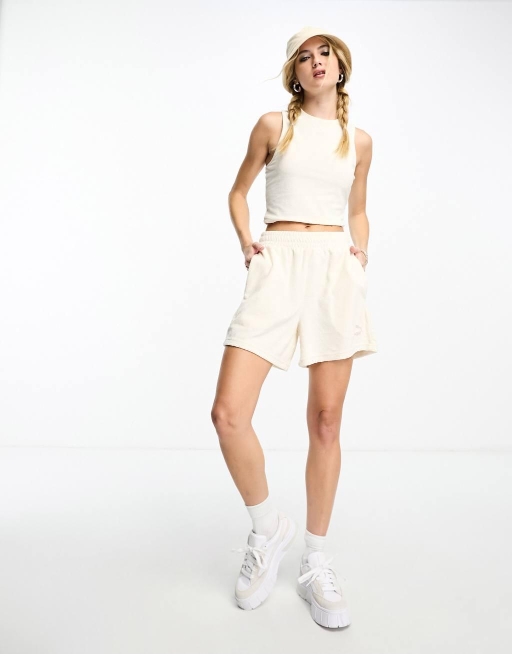 PUMA Classics terrycloth cropped tank top in beige Product Image