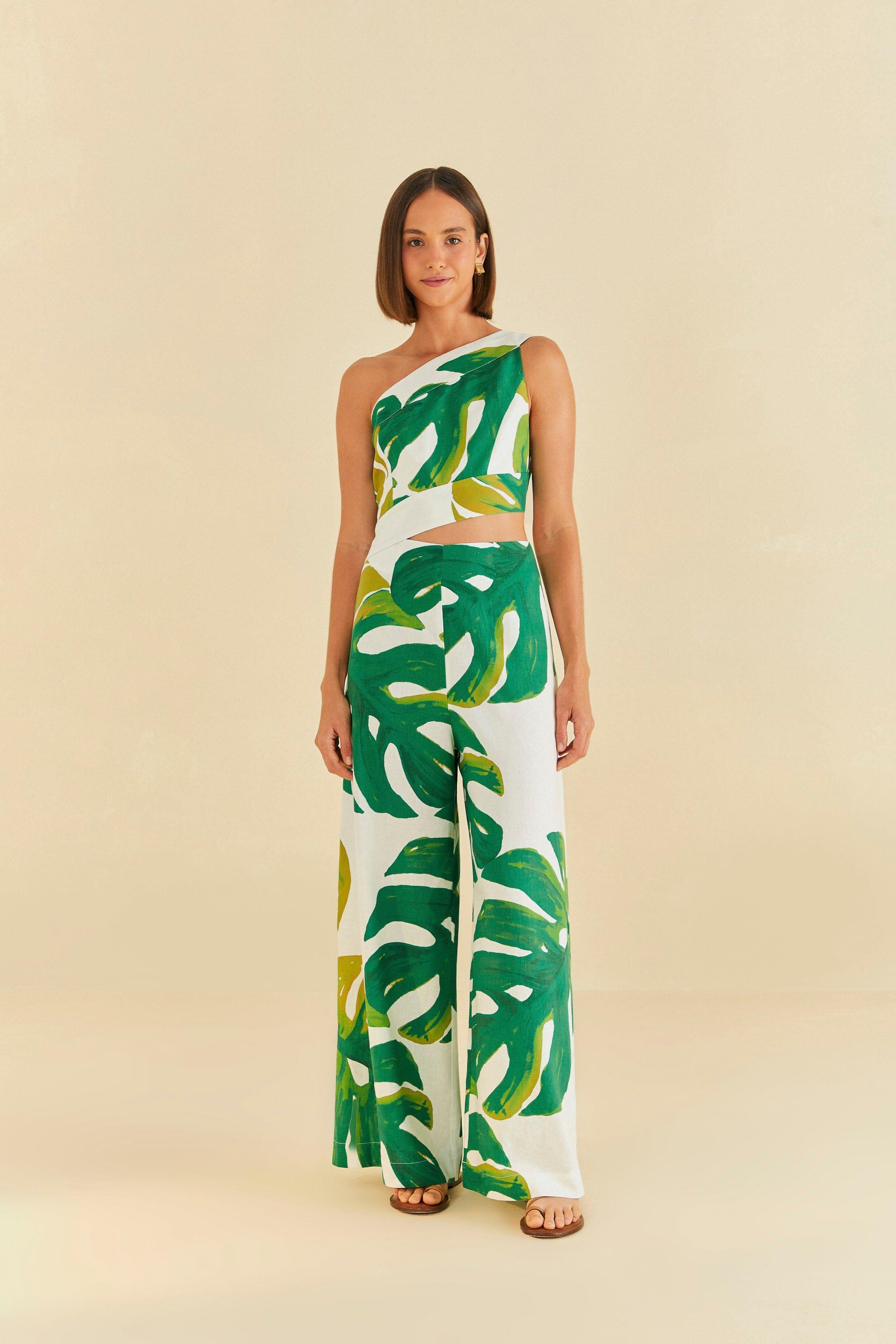 White Monstera One Shoulder Jumpsuit Product Image