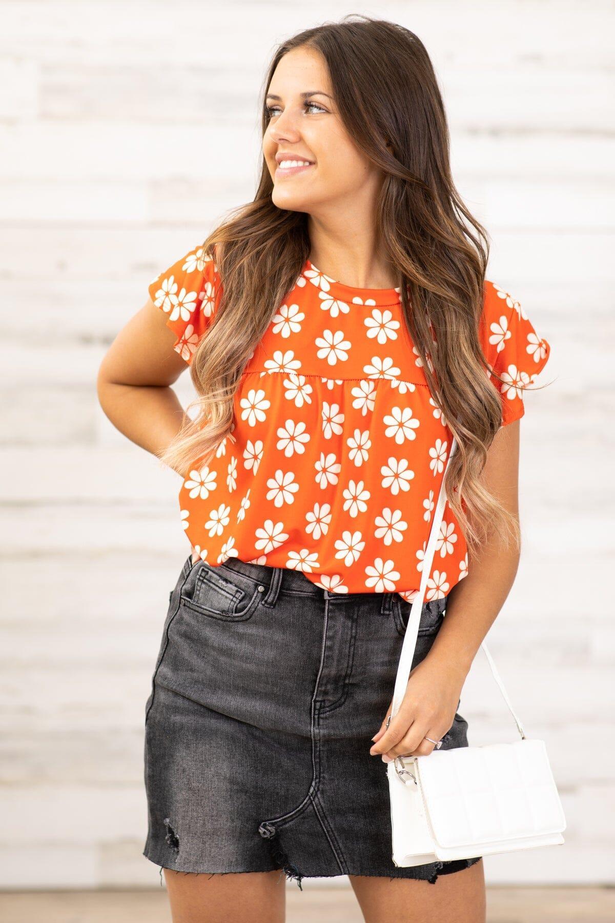 Red and Ivory Daisy Print Ruffle Sleeve Top Product Image