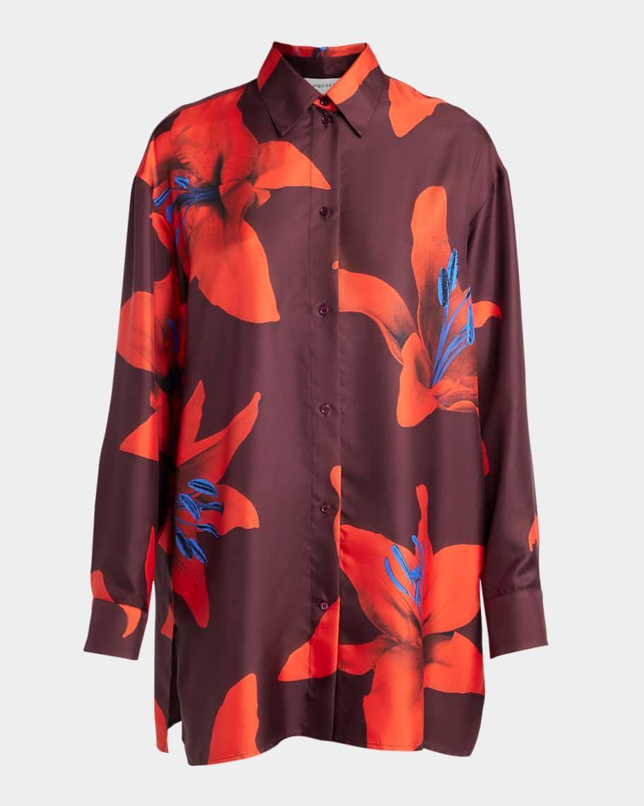 Long-Sleeve Lily-Print Silk Button-Down Shirt product image