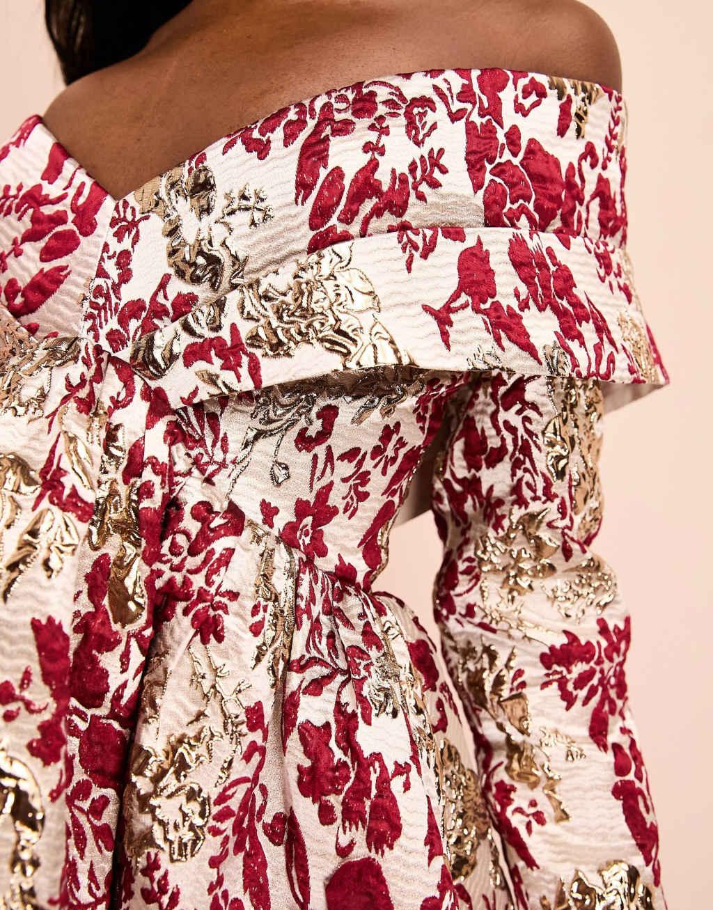 ASOS LUXE jacquard off-shoulder mini skater dress in burgundy & gold floral print  Product Image