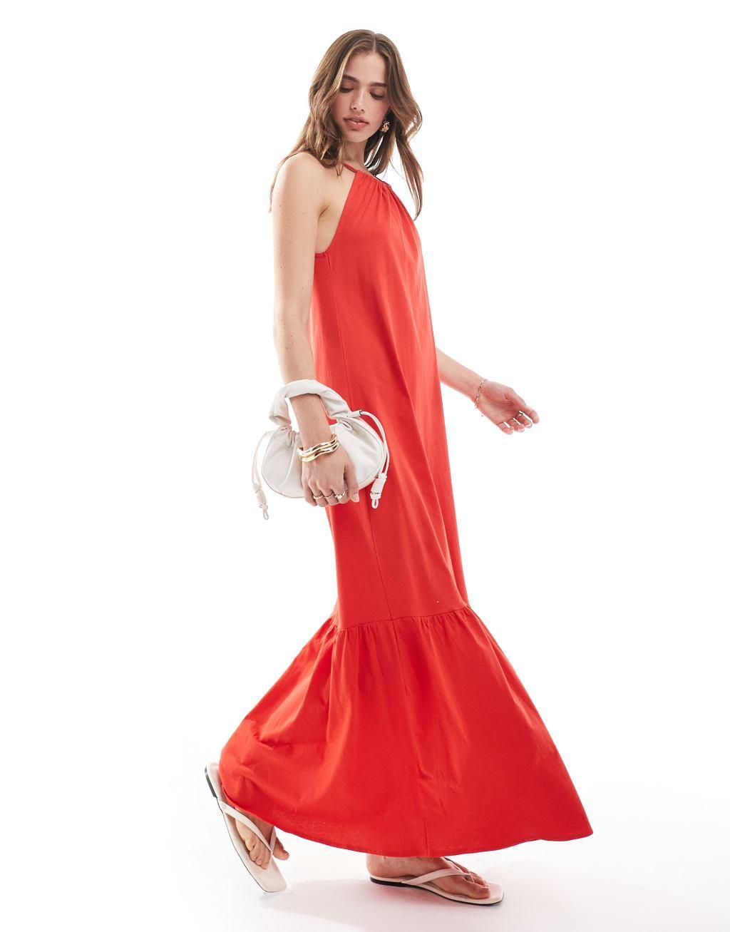 Mango halterneck tiered midi dress in red Product Image