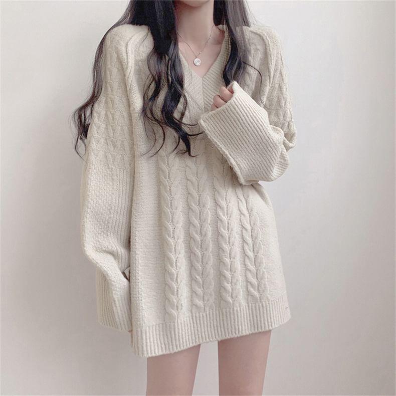 V-Neck Plain Cable-Knit Oversized Sweater product image