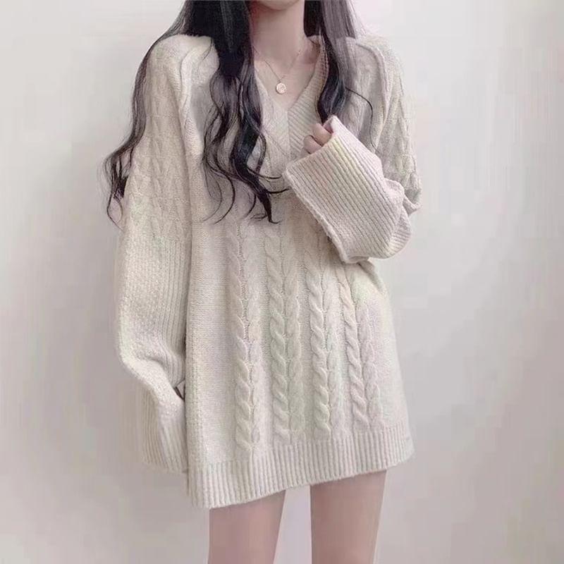 V-Neck Plain Cable Knit Oversized Sweater Product Image