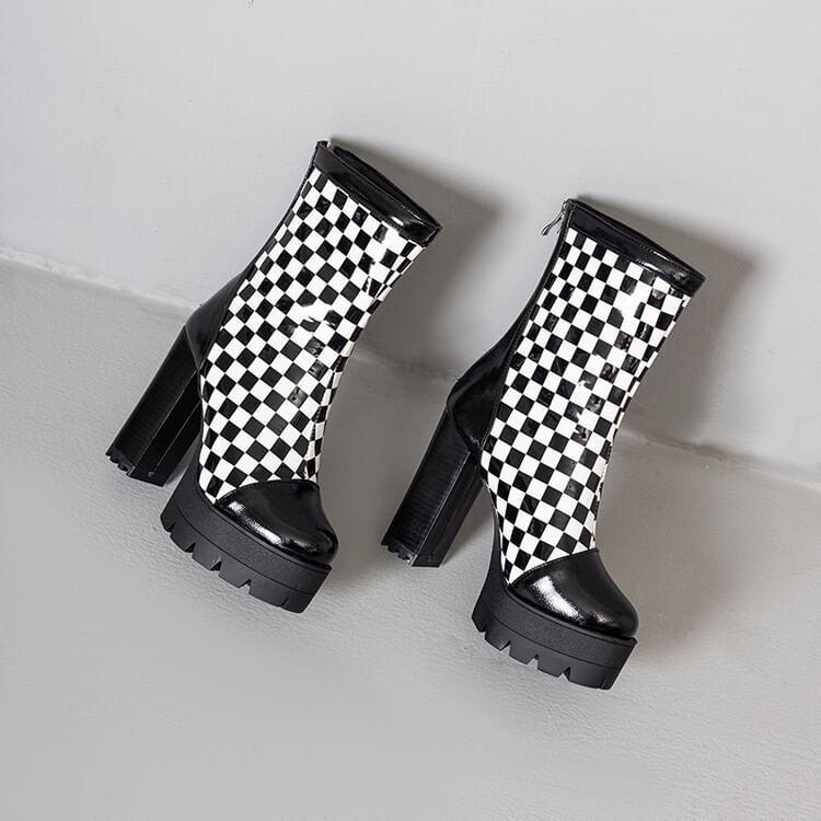 Block Heel Checkerboard Short Boots Product Image